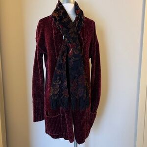 Arizona Jean Company Deep Rust  Red Open Front Cardigan and Velvet fringe scarf